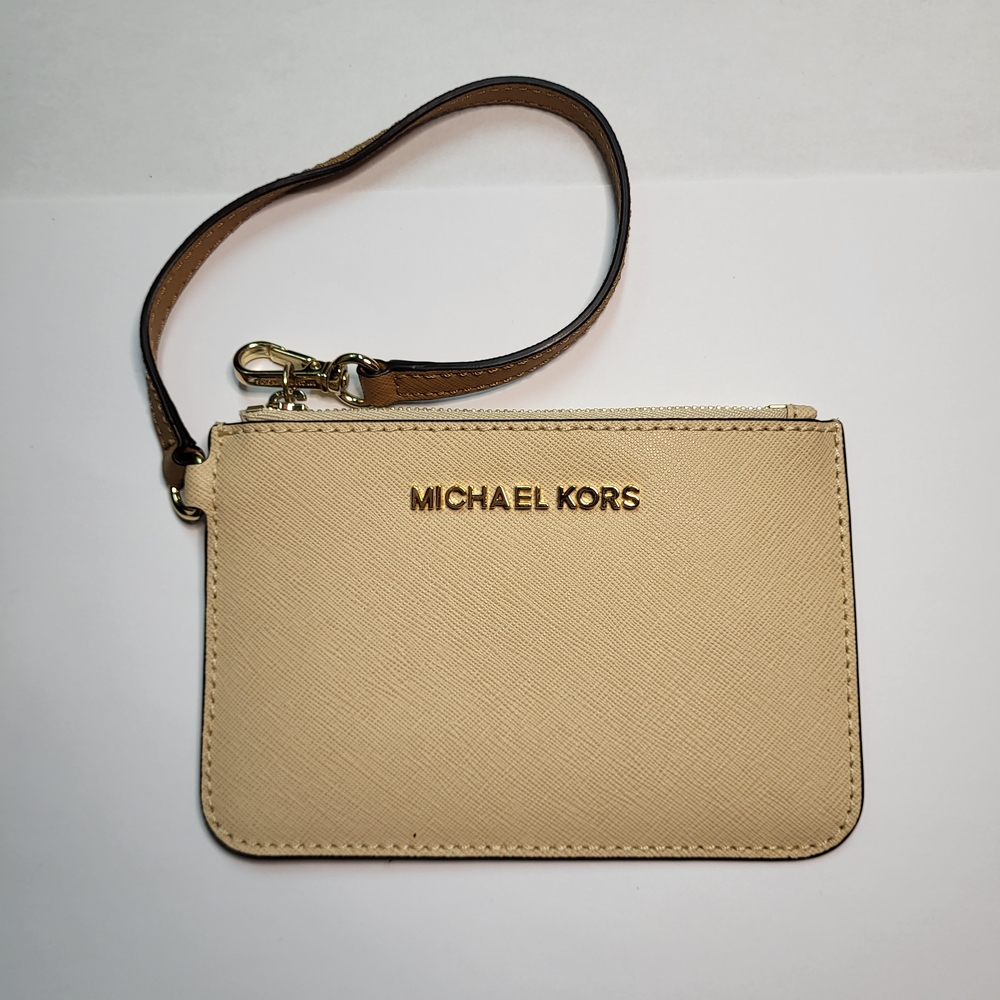 Michael Kors Small Saffiano Leather Coin Wristlet Beige